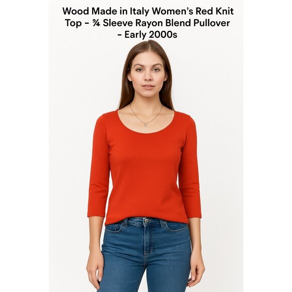 Wood Made in Italy Women’s Orange-Red Knit Top – ¾ Sleeve Rayon Blend Pullover – - Picture 5 of 5